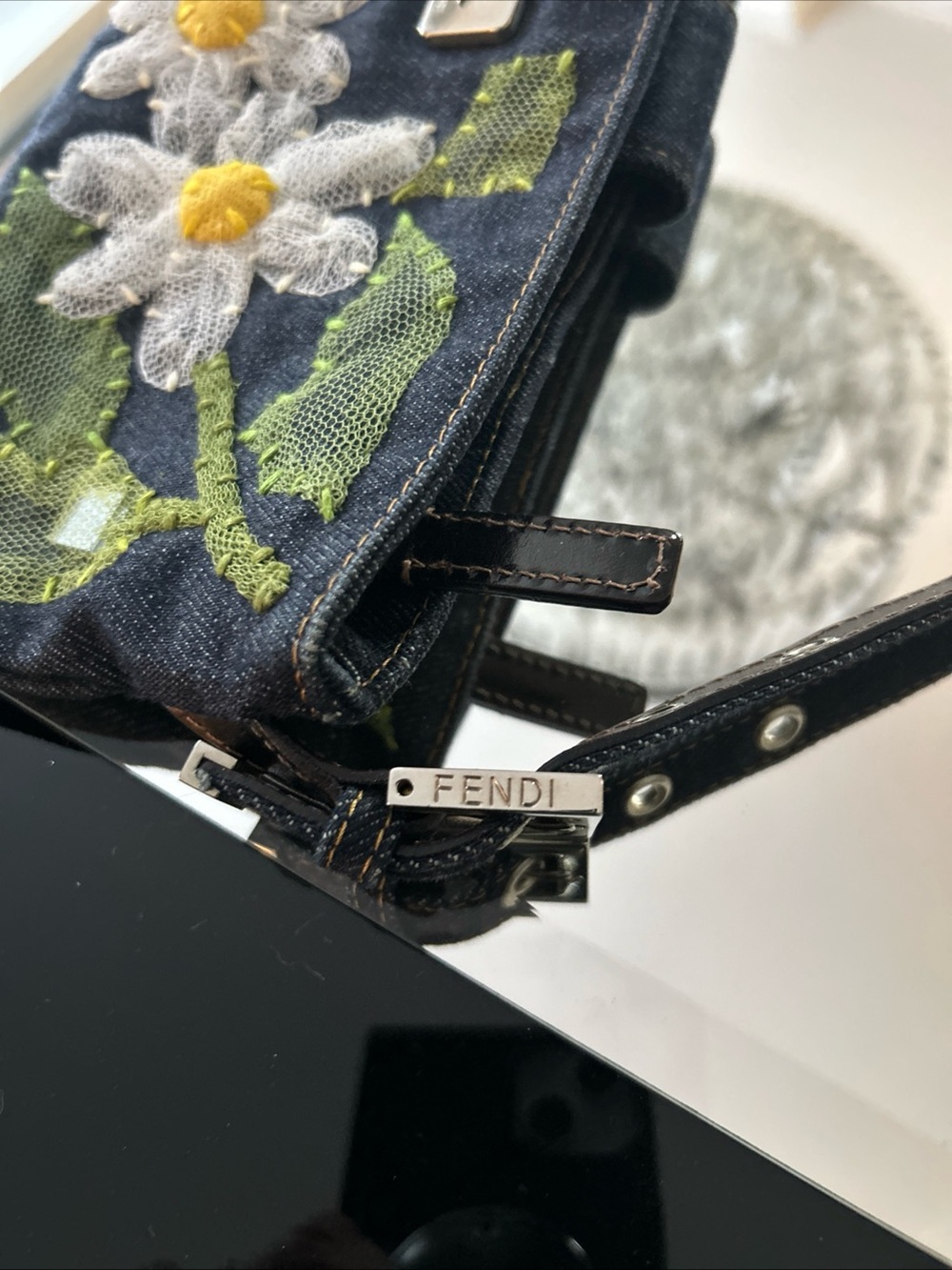 Fendi Denim Baguette with White & Yellow Floral Appliqués and Silver Buckle - Picture 10 of 11